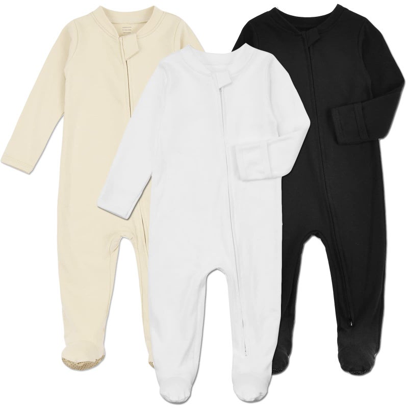 Aablexema Baby Footie Pajamas with Mittens - 3Pcs Infant Footed Sleeper Cotton Sleepwear Outfits(White/Black/Ivory, 6-9M) - Image 1