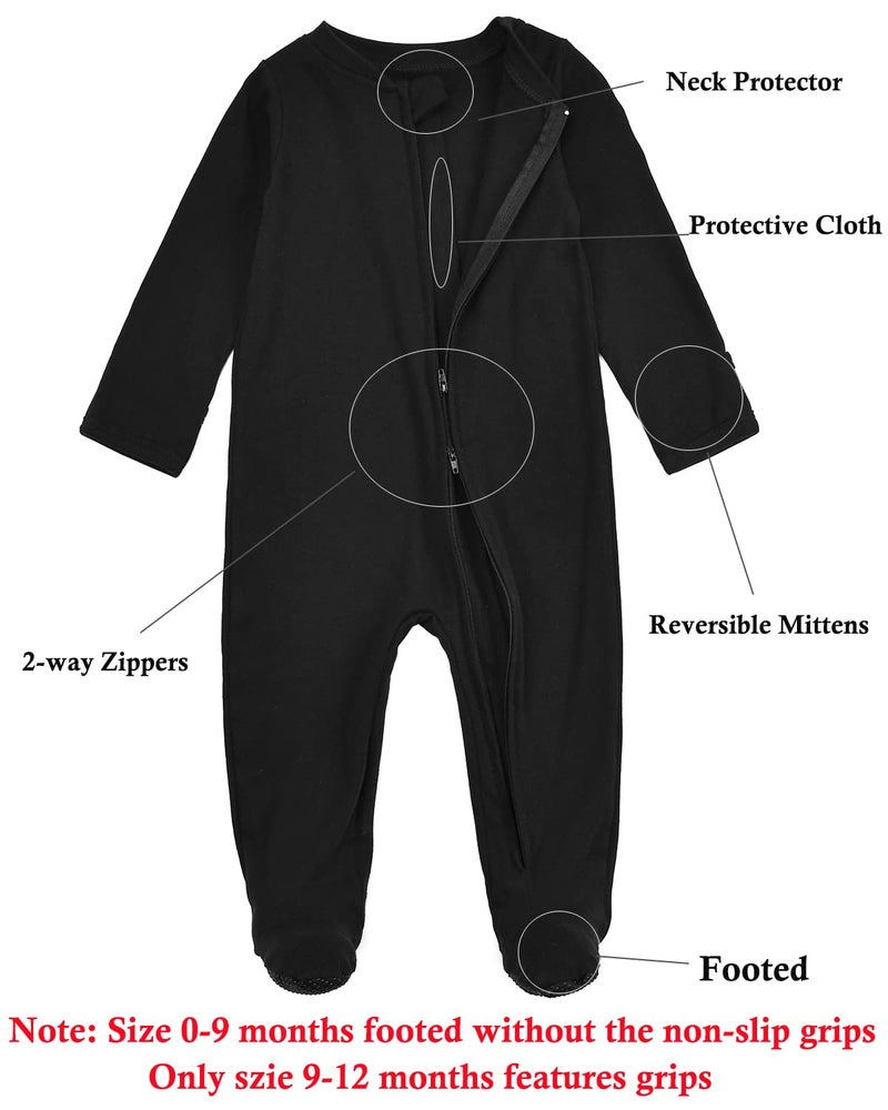 Aablexema Baby Footie Pajamas with Mittens - 3Pcs Infant Footed Sleeper Cotton Sleepwear Outfits(White/Black/Ivory, 6-9M) - Image 2