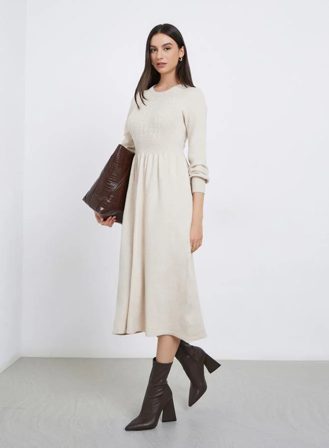 Take Two Take Two Beige Cable Knit Panel Sweater Midi Dress