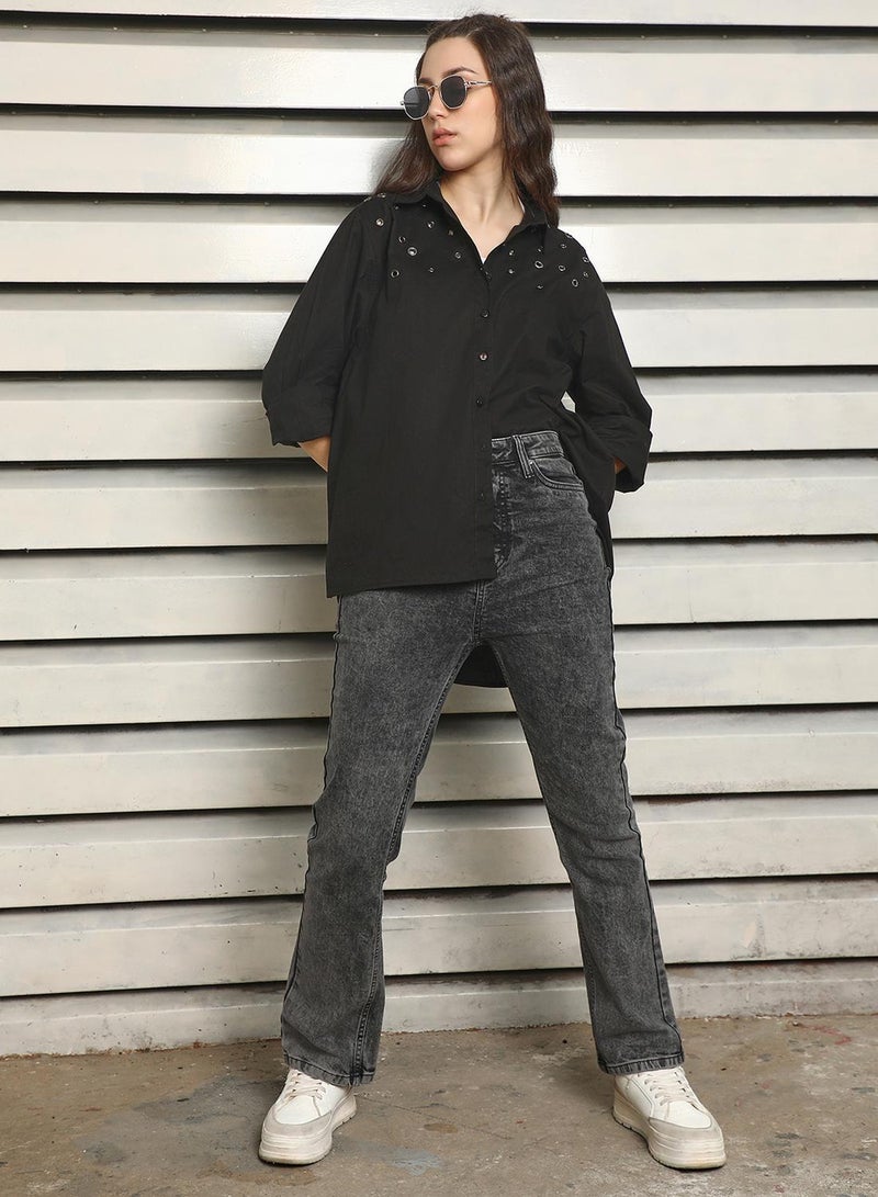 HIGH STAR Women's Black 100% Cotton Solid Pattern Button Down Oversized Shirt - Image 5