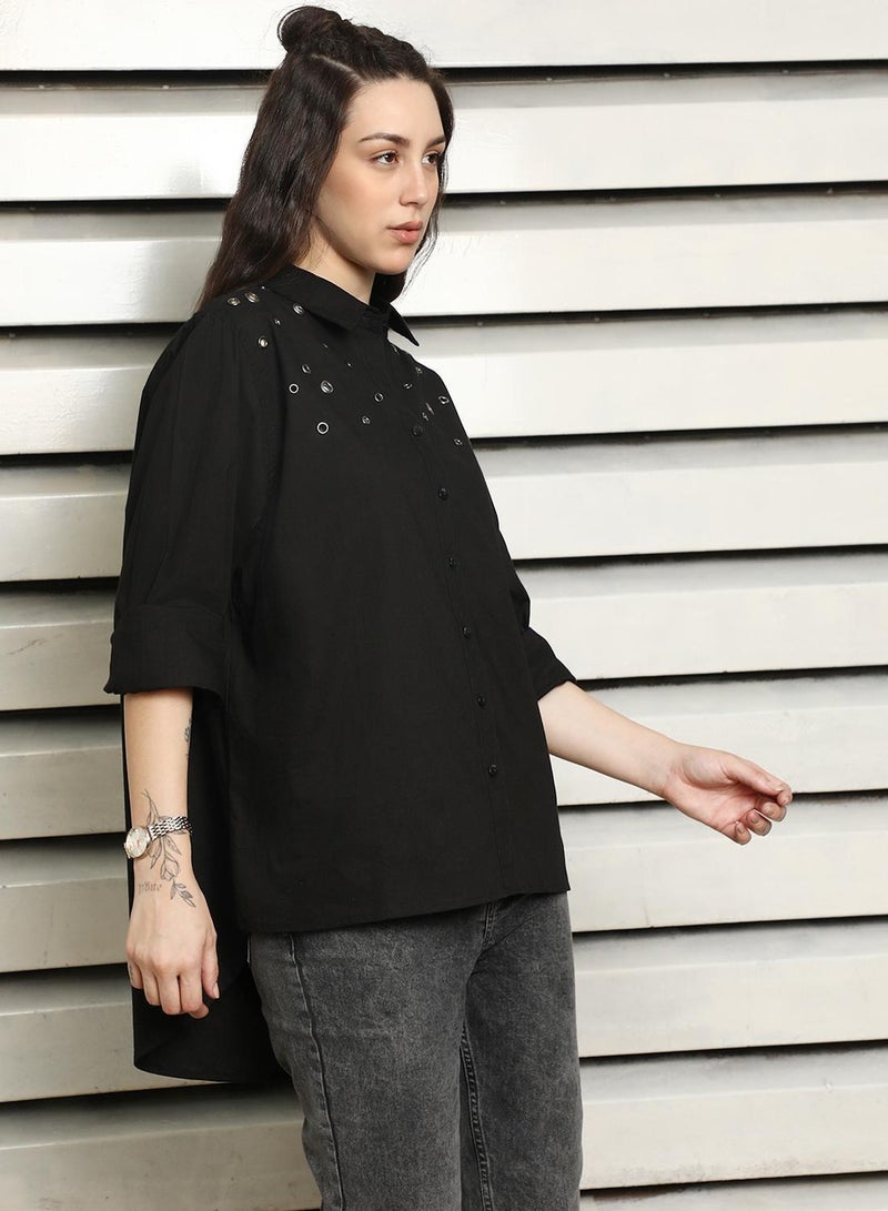 HIGH STAR Women's Black 100% Cotton Solid Pattern Button Down Oversized Shirt - Image 3