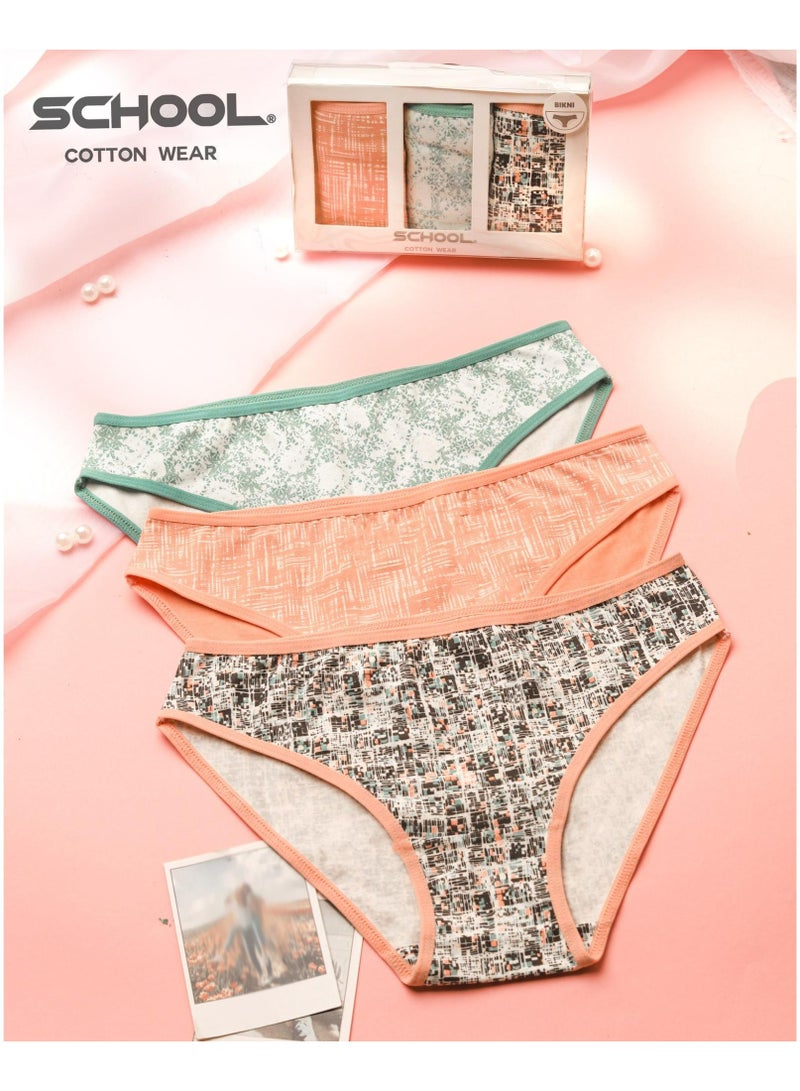 سكول باك يحتوي علي 3 قطع بكيني بانتي اندروير قطن مطبوع حريمي - Image 3