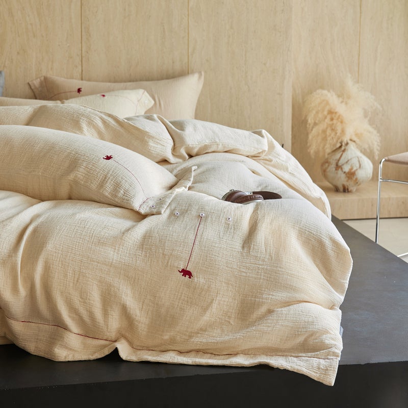 Buddhist Elephant White Cotton-Linen Bedding Set - Light Luxury Japanese Style, Soft & Breathable - Image 1