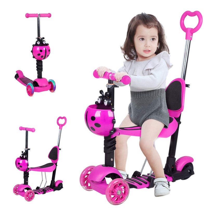 Kids Scooter with LED Flashing Wheels, 5 In 1 Lightweight Toddler Kids Kick Scooter for 1-8 Years Old Boys Girls Indoor Outdoor Toys, Adjustable Handlebar, Seat and Push Bar