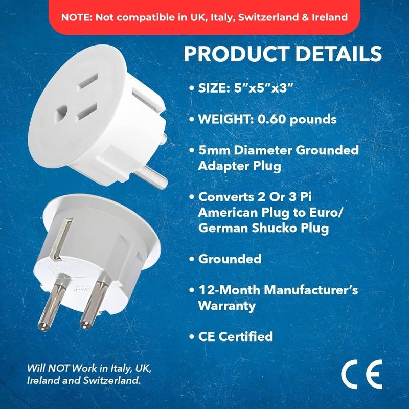 OREI American USA To European Plug Adapter – Type E/F Schuko Plug Adapter - Use in Germany, France, & More - CE Certified – For Mobile, Laptop & Camera Chargers - 6 Pack - Image 5