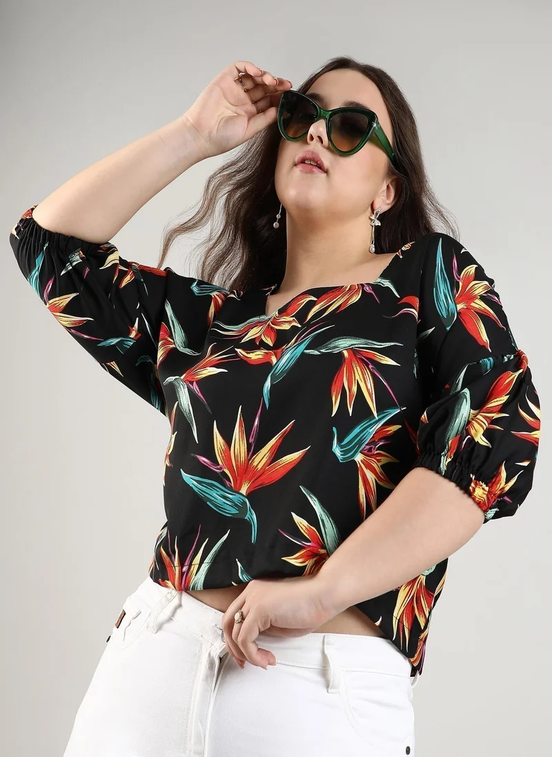 Instafab Plus Women's Black Botanical Print Top