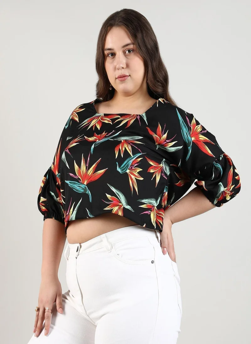 Instafab Plus Women's Black Botanical Print Top