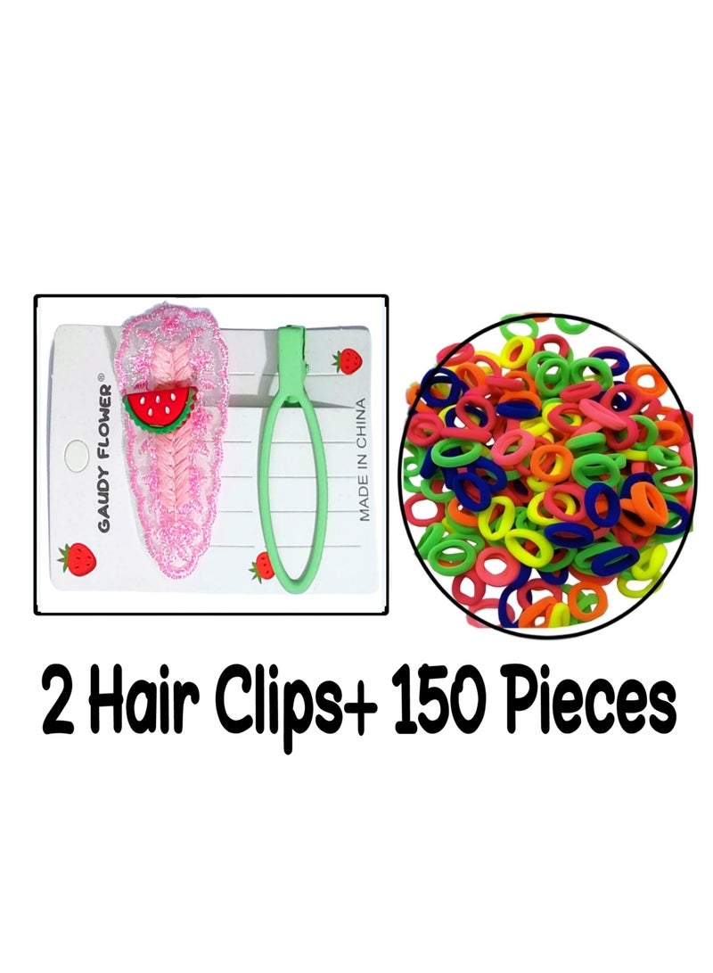 Set of 150 Girly colorful elastic hair bobbles ties and 2 hair clips - Image 1