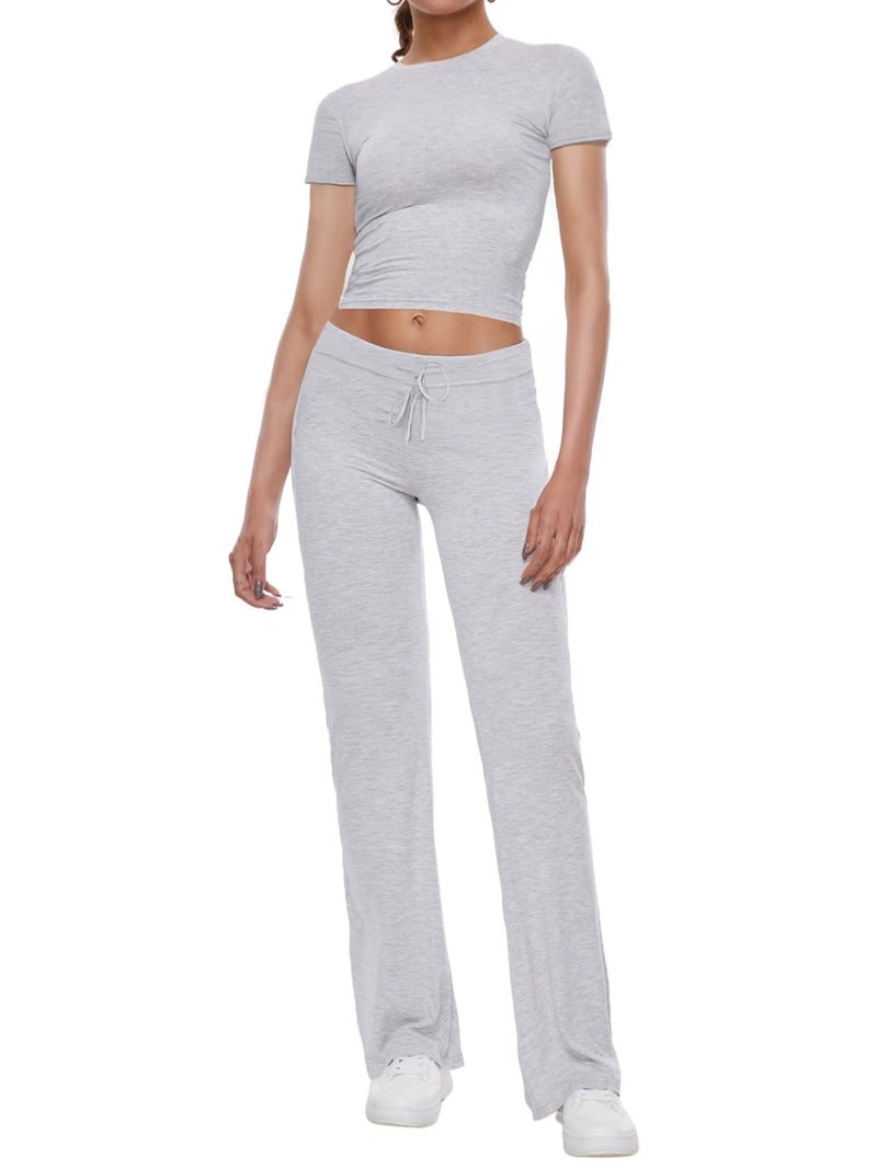 AnotherChill Women's 2 Piece Lounge Sets Straight Leg Pants Set Short Sleeve Crop T-shirt Casual Outfits Comfy Loungewear (Light-Gray, Medium) - Image 1