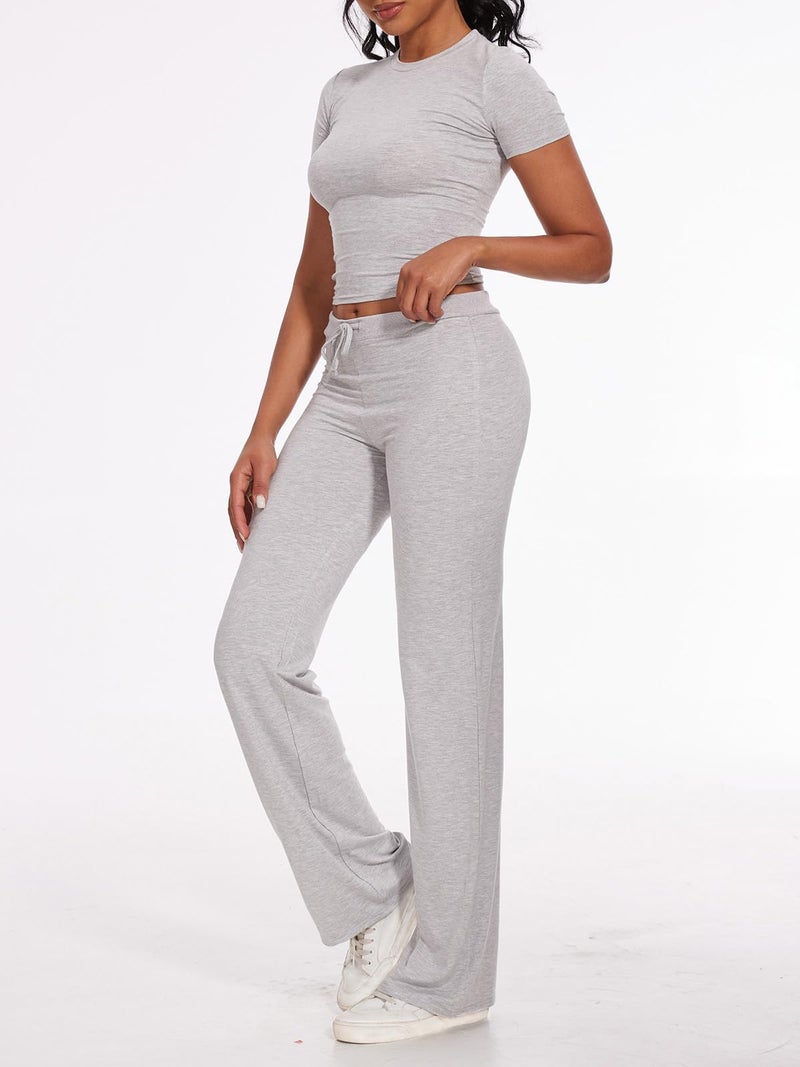 AnotherChill Women's 2 Piece Lounge Sets Straight Leg Pants Set Short Sleeve Crop T-shirt Casual Outfits Comfy Loungewear (Light-Gray, Medium) - Image 4