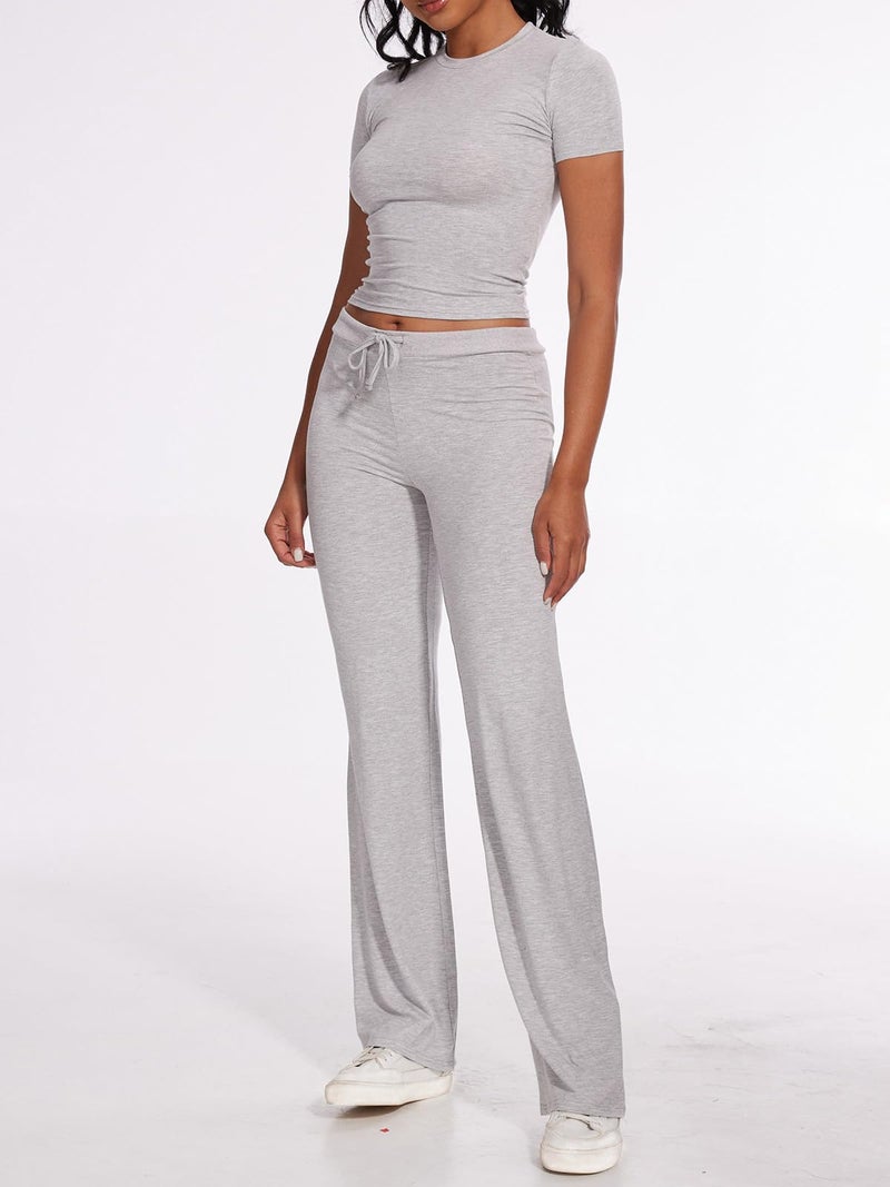AnotherChill Women's 2 Piece Lounge Sets Straight Leg Pants Set Short Sleeve Crop T-shirt Casual Outfits Comfy Loungewear (Light-Gray, Medium) - Image 3