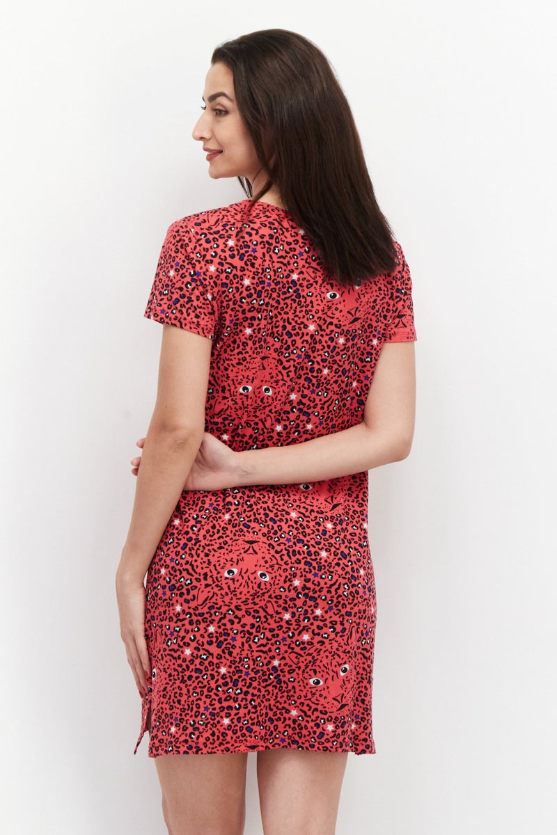 Lady Princess Women Animal Print Mini Sleepwear Dress, Pink Combo - Image 2