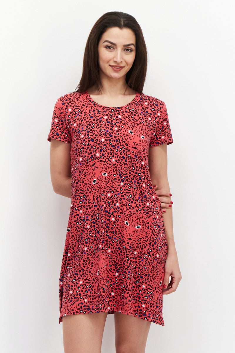 Lady Princess Women Animal Print Mini Sleepwear Dress, Pink Combo - Image 1