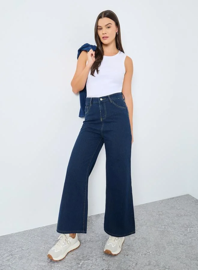 Styli Styli Solid Mid Rise Wide Leg Jeans