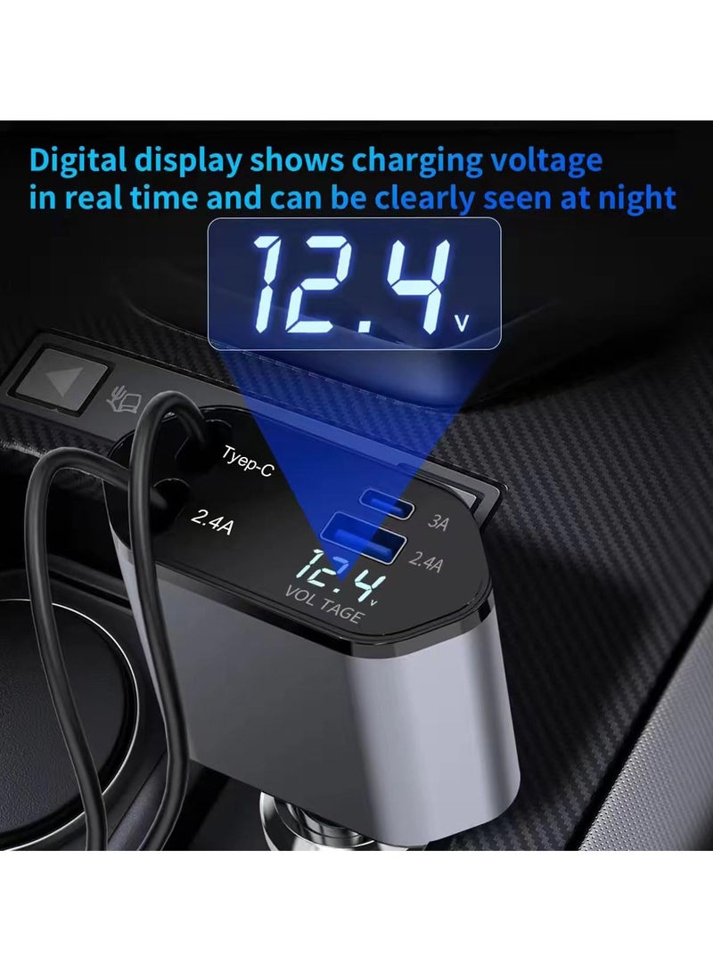 4-in-1 Fast Car Charger with Extendable 80.01cm Cable, USB  Type-C Ports - Compatibility for Phone 16/15/14/13/12/11, More -Adjustable 180° Plug, Tangle-Free Design, Ideal for Dashboard Mounting, Ca - Image 4
