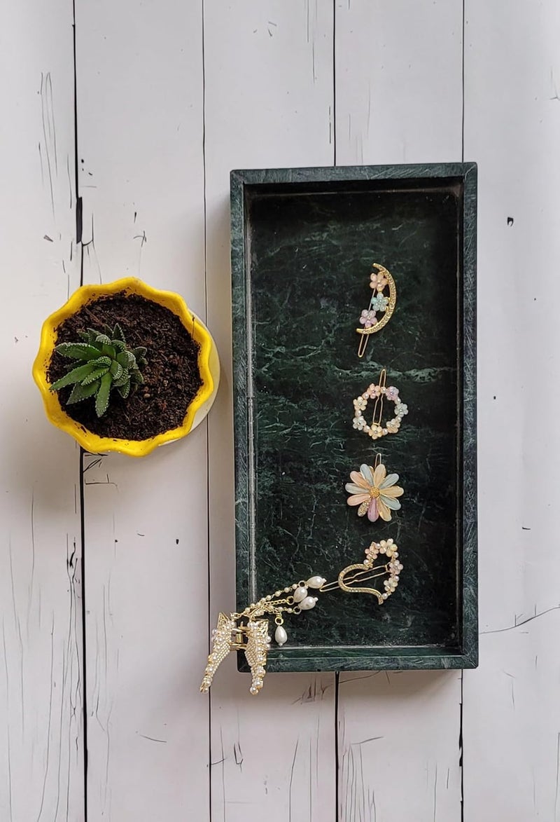 RM صينية رخامية مستطيلة الشكل رخام أخضر مع حواف نحاسية لصينية الحمام وغرفة المعيشة والمطبخ لتقديم الطعام وطاولة الطعام والمجوهرات والشمع والعطور ومنظم مستحضرات التجميل وصينية الزينة - Image 3