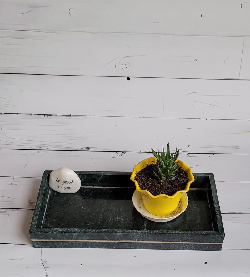 RM صينية رخامية مستطيلة الشكل رخام أخضر مع حواف نحاسية لصينية الحمام وغرفة المعيشة والمطبخ لتقديم الطعام وطاولة الطعام والمجوهرات والشمع والعطور ومنظم مستحضرات التجميل وصينية الزينة - Image 2