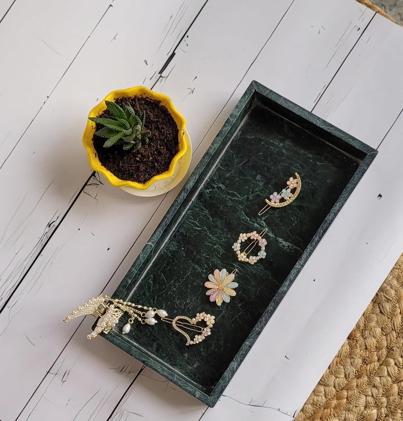 RM صينية رخامية مستطيلة الشكل رخام أخضر مع حواف نحاسية لصينية الحمام وغرفة المعيشة والمطبخ لتقديم الطعام وطاولة الطعام والمجوهرات والشمع والعطور ومنظم مستحضرات التجميل وصينية الزينة - Image 4