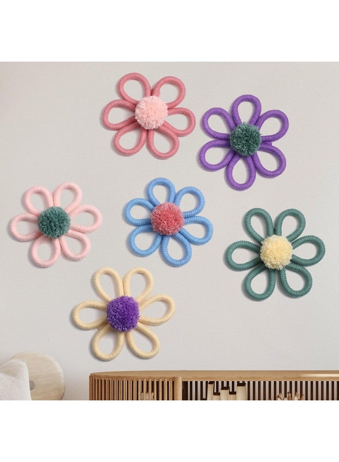 Ripeng 6 Pcs 6 inch Boho Nursery Decor for Girl Woven Daisy Flower Decor Macrame Wall Hanging Bohemian Wall Dais for Baby Girls Kids Home Bedroom(Macaron Color) - Image 1