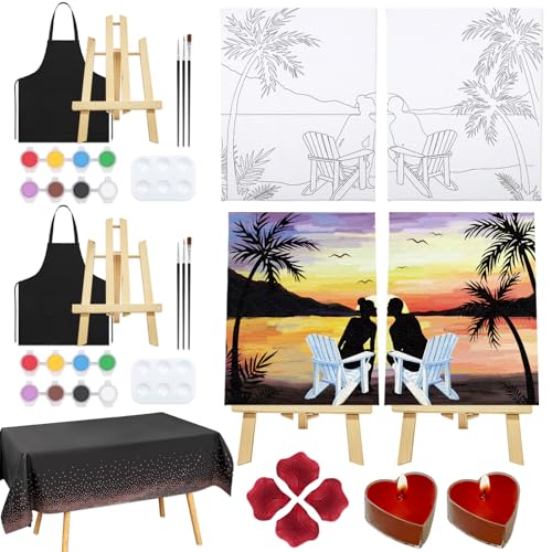 Nuberlic Date Night Painting Kit for Couples Sip and Paint Kit for Adults Couples Pre Drawn Canvas to Paint for Adults Valentines Sunset Love Theme 2 Pack 8" X 10" - Image 1