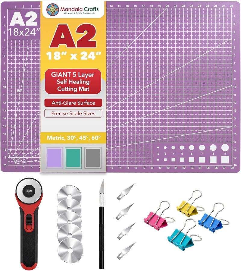 Mandala Crafts Self-Healing Cutting Mat Kit – 18" x 24" A2 Purple Pink Double-Sided 5-Ply Mat with Fabric Cutter, Quilt Ruler & Craft Knife for Sewing, Quilting, Leather & Scrapbooking - Image 1