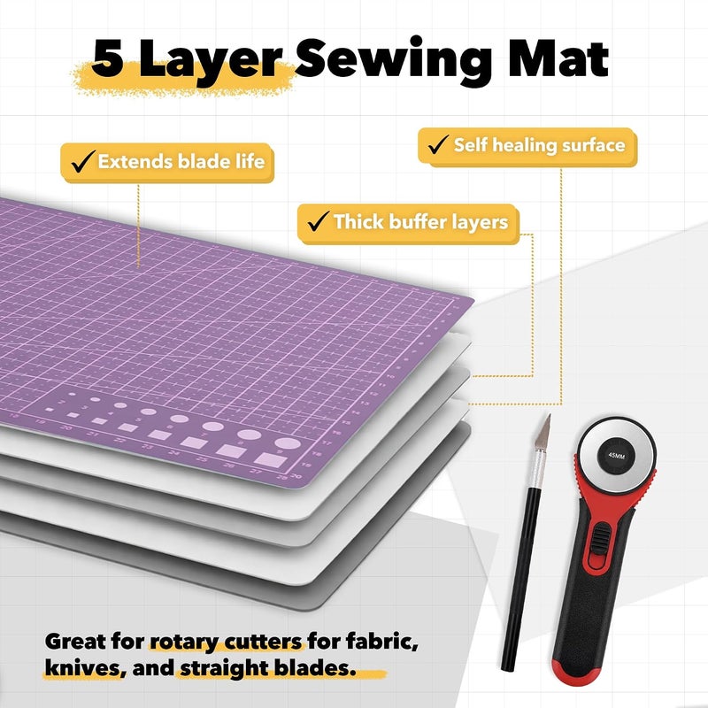Mandala Crafts Self-Healing Cutting Mat Kit – 18" x 24" A2 Purple Pink Double-Sided 5-Ply Mat with Fabric Cutter, Quilt Ruler & Craft Knife for Sewing, Quilting, Leather & Scrapbooking - Image 4