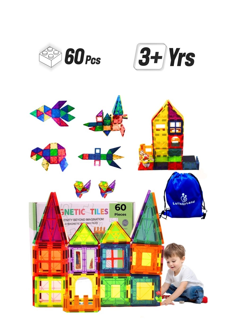 60 Pcs Magnetic Tiles for kids, Craft Castle Building Sets, Rocket or Vehicle Using Large 3D Magnetic Blocks, Educational STEM Magnets for Kids, Toddlers Magnet Toys for Creative Play Tiles For Kids