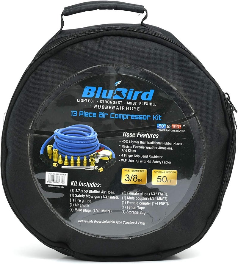 BLUBIRD BB3850KIT 38 x 50 Air Compressor Accessory Kit 100 Rubber Lightest Strongest Most Flexible 300 PSI 50F to 190F Degrees Ozone Resistant High Strength Polyester Braided 13pc - Image 2