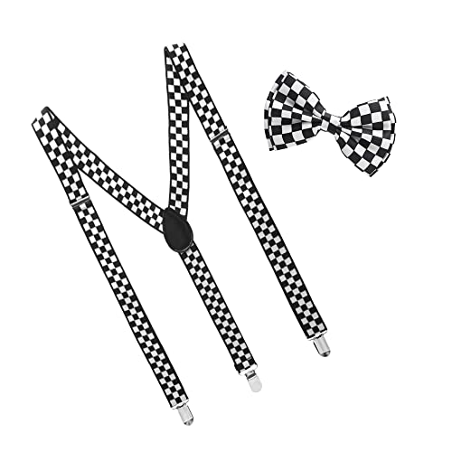 Man of Men - Men's Black & White Checkered Bowtie & Suspender Set - Image 1