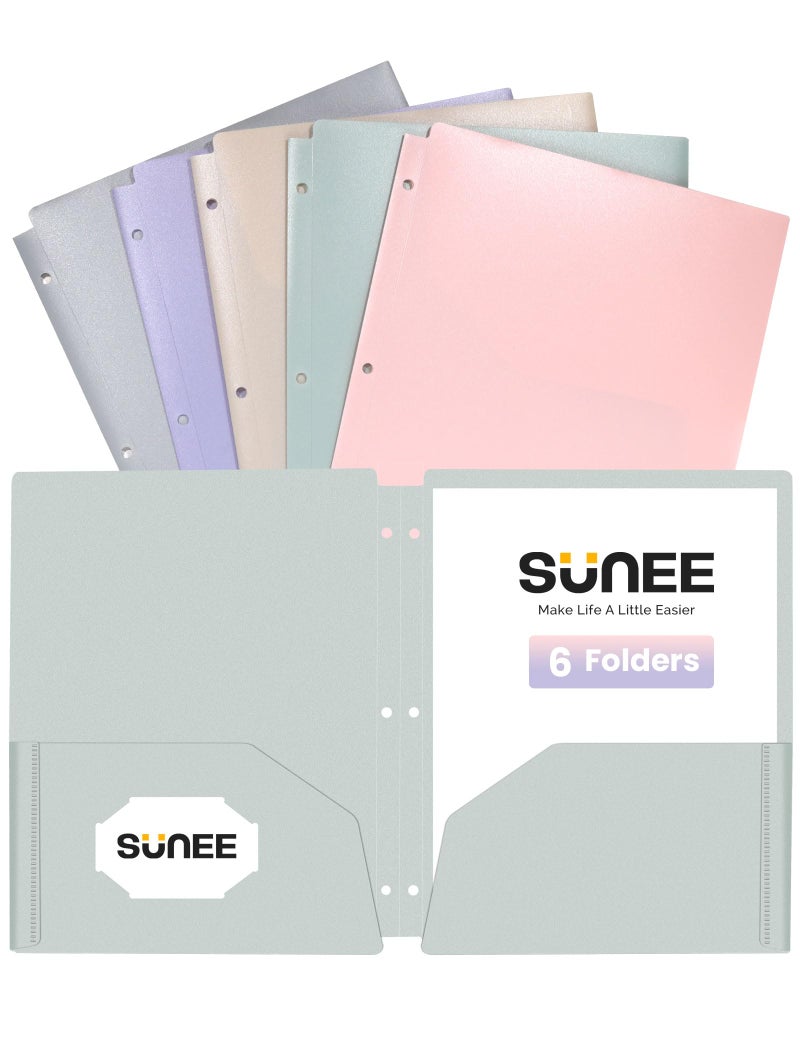 SUNEE 3 Hole Pocket Folders (6 Pack, Pastel Color), Plastic Pocket Folders for 3 Ring Binder, 3-Hole Punched Folder with Pockets, for Kids, Students, Teachers, Office Staff - Image 1