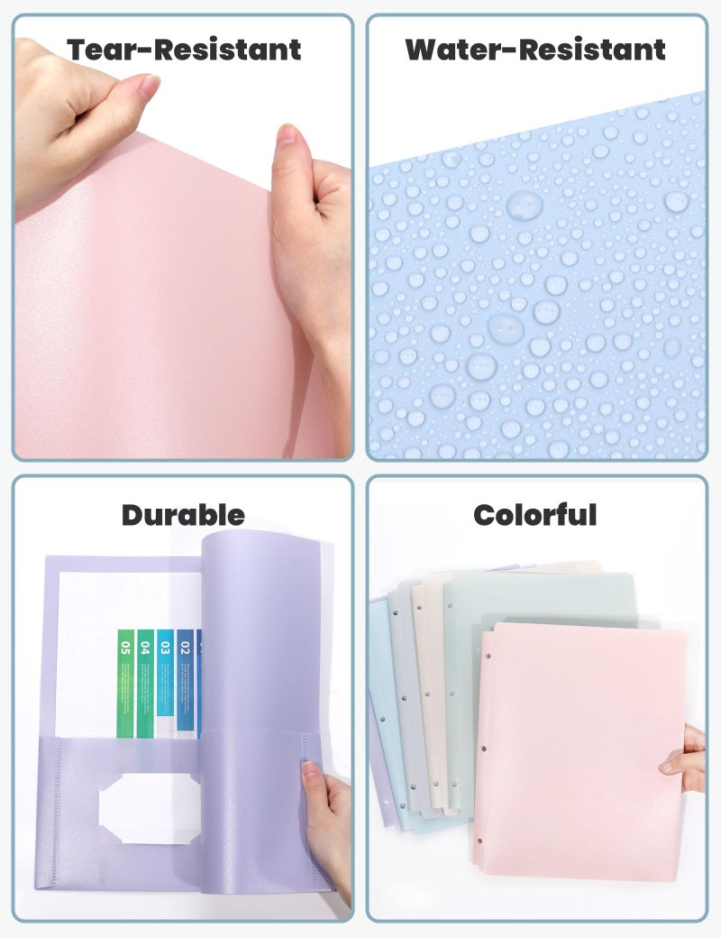 SUNEE 3 Hole Pocket Folders (6 Pack, Pastel Color), Plastic Pocket Folders for 3 Ring Binder, 3-Hole Punched Folder with Pockets, for Kids, Students, Teachers, Office Staff - Image 3