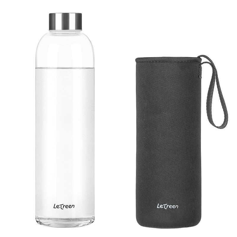LETREEN Glass Water Bottle 32 oz, Borosilicate Glass Water Bottle with Neoprene Sleeve, BPA-Free Leak Proof Reusable for Hot Cold Drinks, Work, Gym, Home, Sport, Dark Gray - Image 1