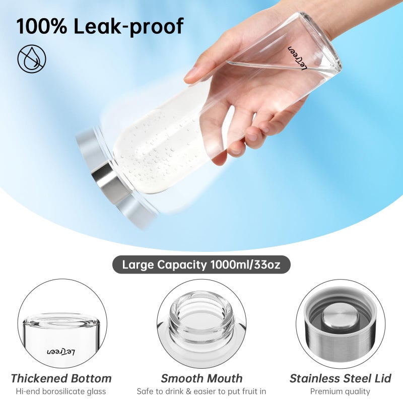 LETREEN Glass Water Bottle 32 oz, Borosilicate Glass Water Bottle with Neoprene Sleeve, BPA-Free Leak Proof Reusable for Hot Cold Drinks, Work, Gym, Home, Sport, Dark Gray - Image 2