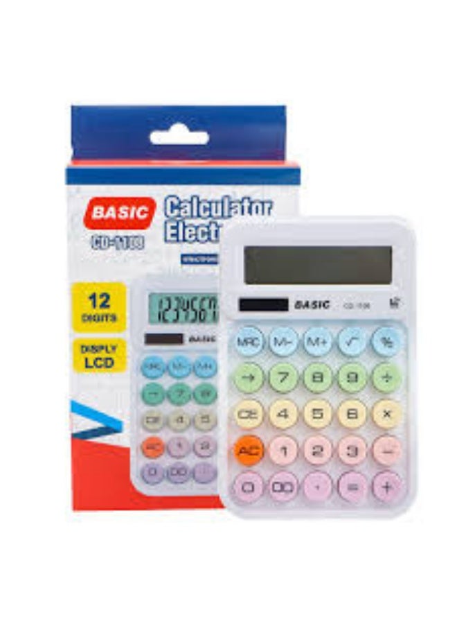 بازيك آلة حاسبة إلكترونية مكتبية BASIC CD-1108 - شاشة LCD مكونة من 12 رقمًا، أزرار متعددة الألوان