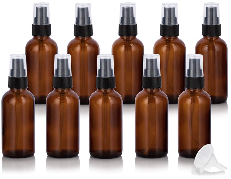 JUVITUS 2 oz Amber Glass Boston Round Black Treatment Pump Bottle (10 pack) + Funnel BPA Free Refillable Empty Storage Containers - Image 1