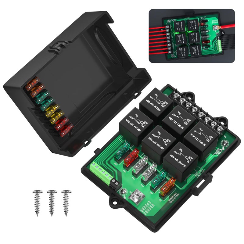 Joinfworld Relay Box Fuse Relay Box 12V Automotive Universal Fuse Panel with 6 Way Relays and 14 x ATC/ATO Blade Fuses 12 Volt Fuse Box Waterproof with Led Light and Relay Module - Image 1
