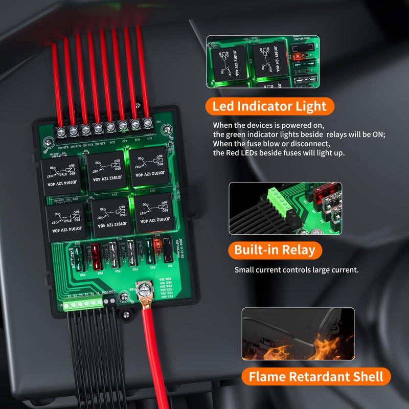 Joinfworld Relay Box Fuse Relay Box 12V Automotive Universal Fuse Panel with 6 Way Relays and 14 x ATC/ATO Blade Fuses 12 Volt Fuse Box Waterproof with Led Light and Relay Module - Image 4