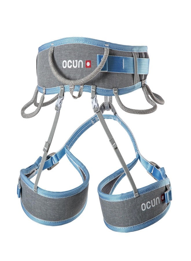 Ocun Twist Tech Eco Climbing Sport Harness, Lightweight Three Buckle Harness for Trad, Alpine & Rock Climbing, Grey/Blue, XS-M - Image 1