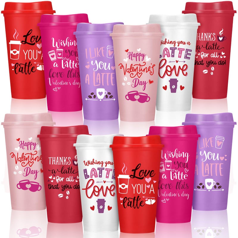 Pickmesh 12 Pack Valentines Day Gifts for Teachers Valentines Day Cup Reusable Coffee Cup 16 oz for Women Back to School Gift with Lid Thank You Coffee Mug for Hot and Cold DrinksSweet Style
