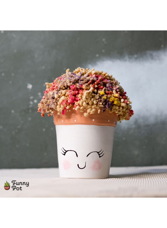 Pottery Plant Pot with natural immortal baby flowers - white - 13*8 cm