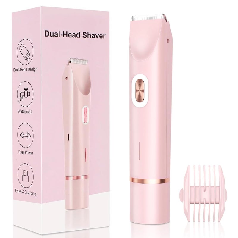 CRAZYABBS 2-in-1 Electric Bikini Trimmer for Women - Dual Head Electric Razor,Waterproof Painless Bikini Shaver, Pubic Hair Trimmer for Private Area & Body Hair, Pink - Image 1
