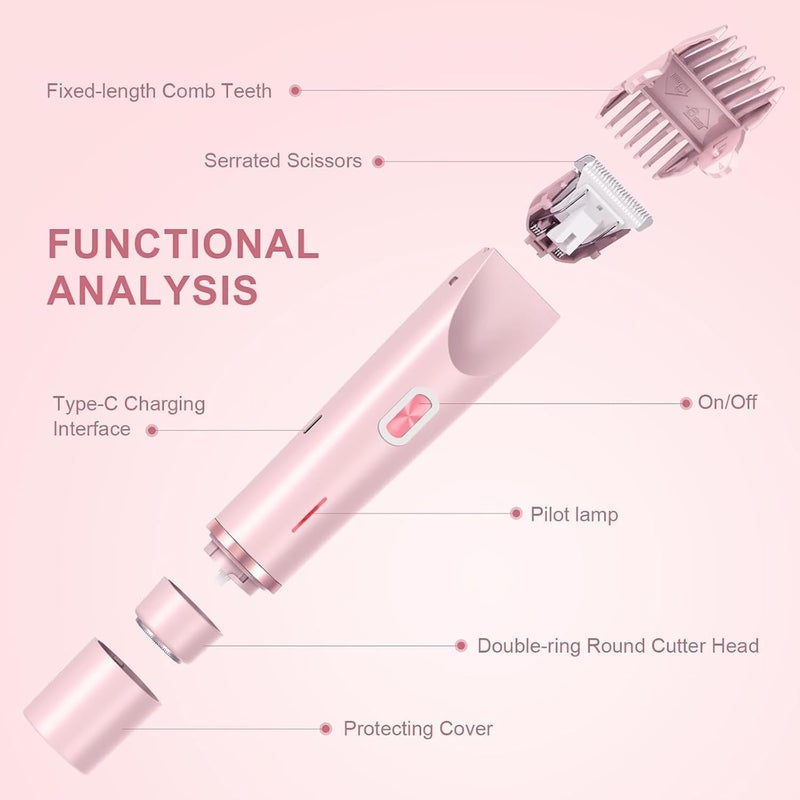 CRAZYABBS 2-in-1 Electric Bikini Trimmer for Women - Dual Head Electric Razor,Waterproof Painless Bikini Shaver, Pubic Hair Trimmer for Private Area & Body Hair, Pink - Image 4