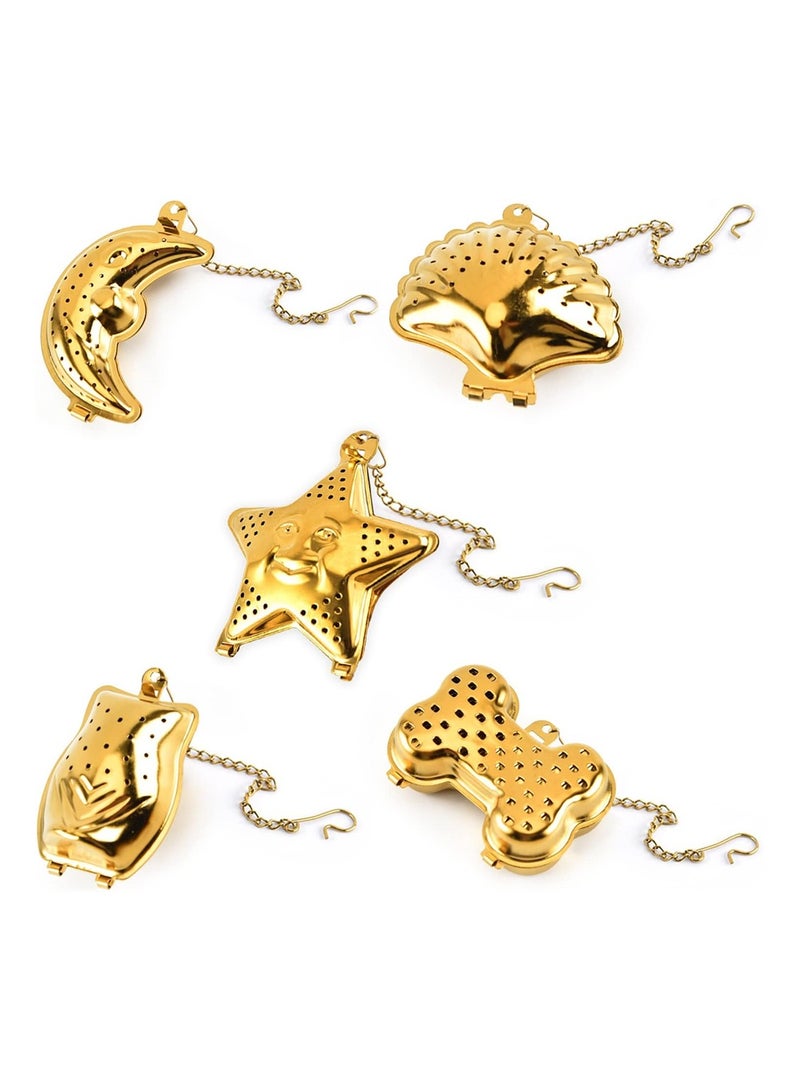 Loose Leaf Tea Infusers 5 Styles Gold Stainless Steel Tea Strainer Reusable Tea Ball with Chain Hook Fine Holes Tea Filters for Tea Steeper