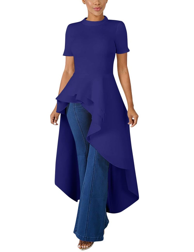 Lrady Women Ruffle High Low Asymmetrical Short Sleeve Peplum Tops Blouse Shirt Dress Blue S - Image 3