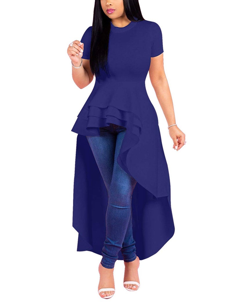 Lrady Women Ruffle High Low Asymmetrical Short Sleeve Peplum Tops Blouse Shirt Dress Blue S - Image 5