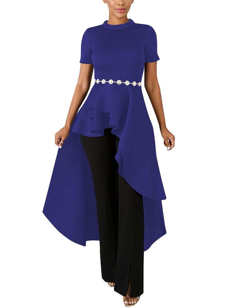 Lrady Women Ruffle High Low Asymmetrical Short Sleeve Peplum Tops Blouse Shirt Dress Blue S - Image 4