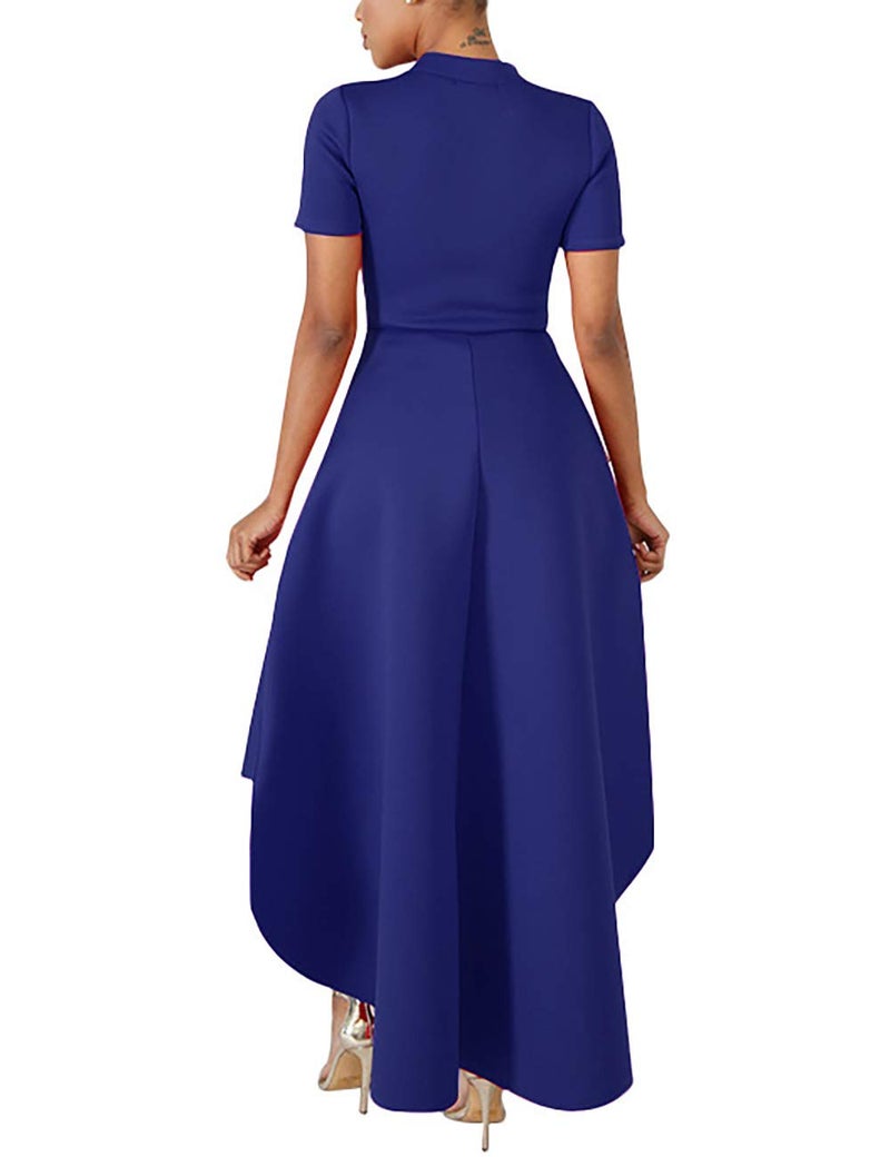 Lrady Women Ruffle High Low Asymmetrical Short Sleeve Peplum Tops Blouse Shirt Dress Blue S - Image 2