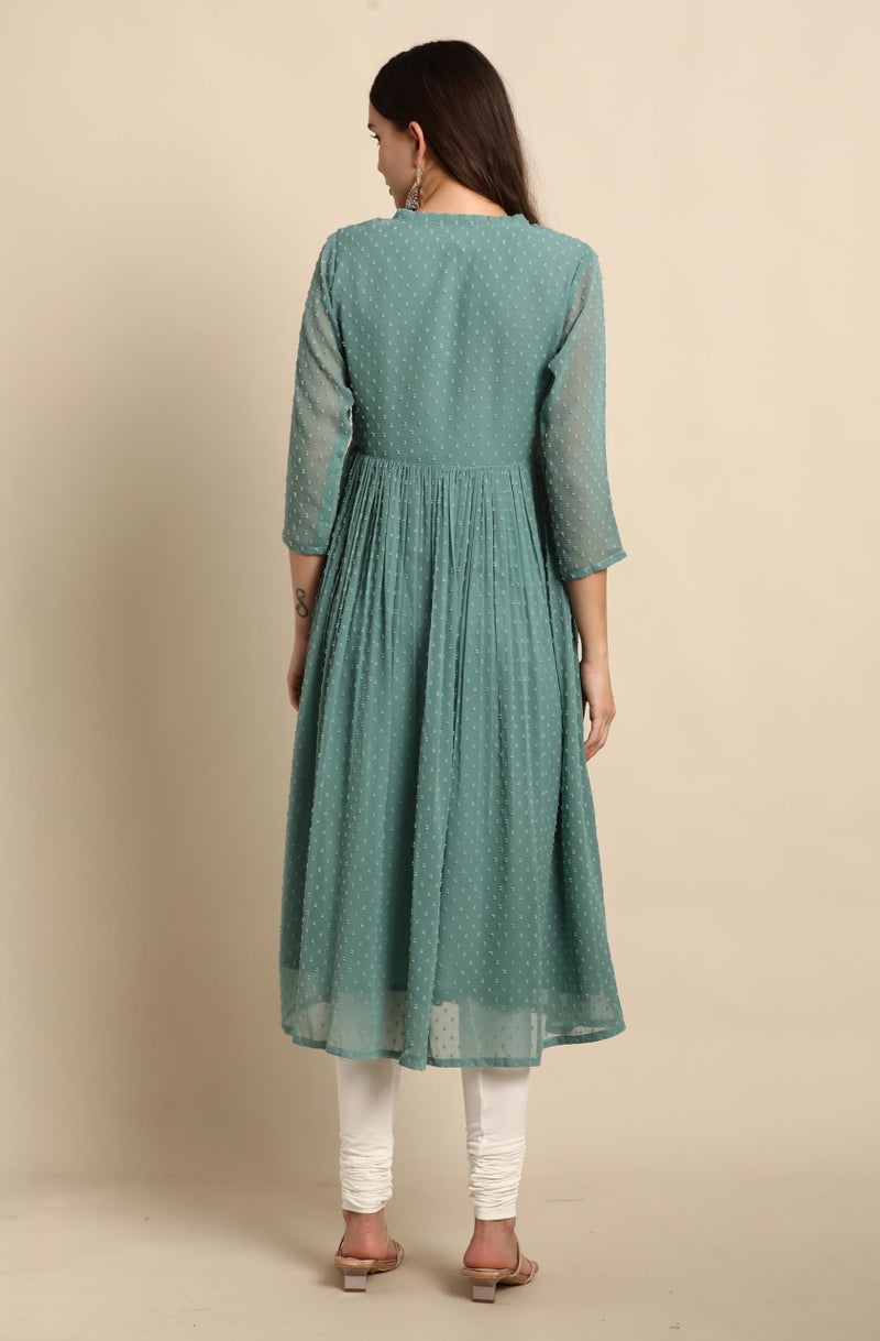 Janasya Women's Green Dobby Chiffon Self Design Flared Western Kurta (JNE3797-KR-S) - Image 4