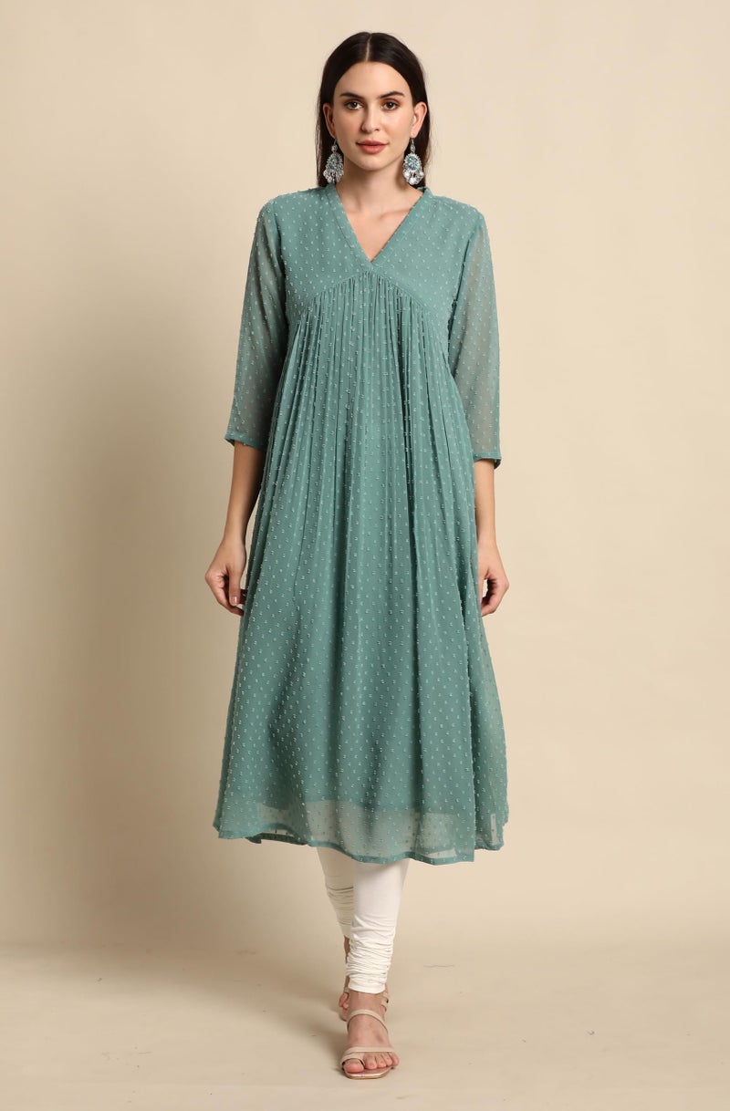 Janasya Women's Green Dobby Chiffon Self Design Flared Western Kurta (JNE3797-KR-S) - Image 2