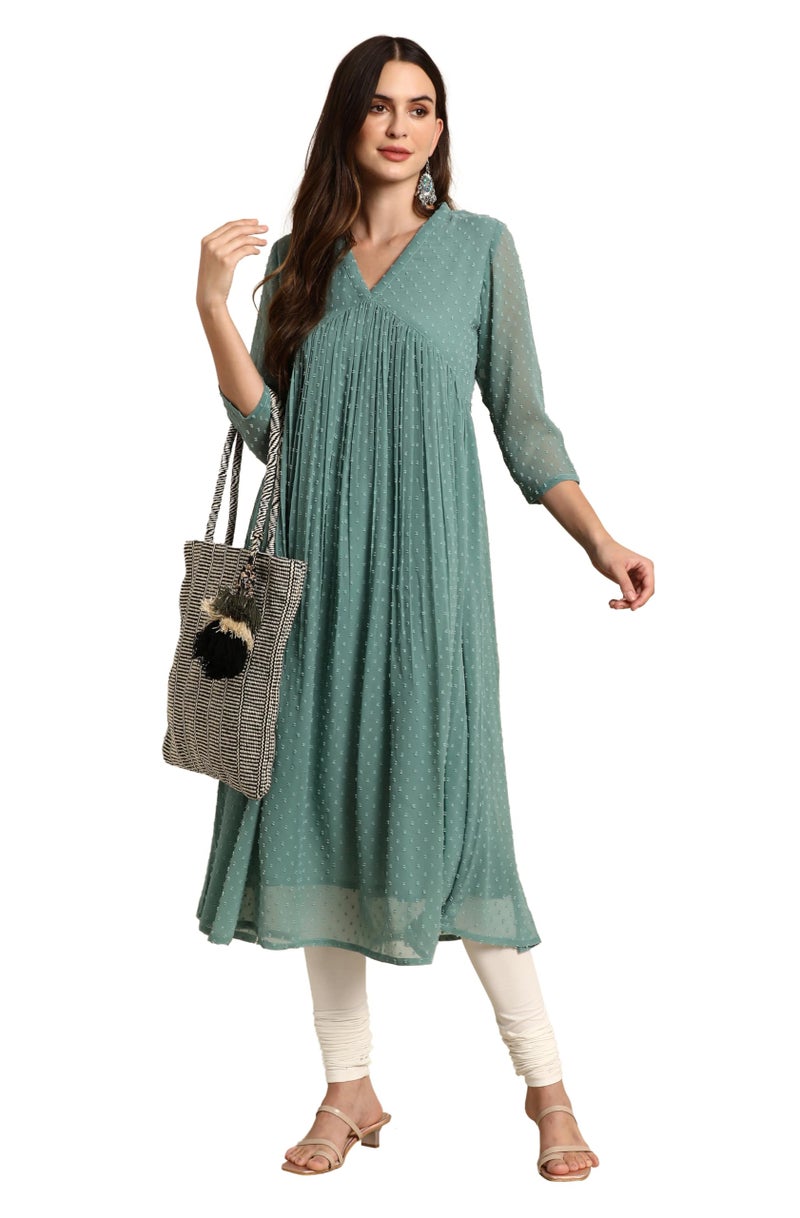 Janasya Women's Green Dobby Chiffon Self Design Flared Western Kurta (JNE3797-KR-S) - Image 1